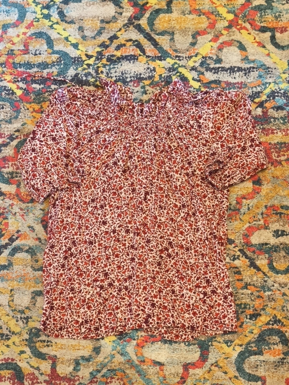 Sundry Red Floral Smocked-Neck Short Sleeve Blouse Size 1